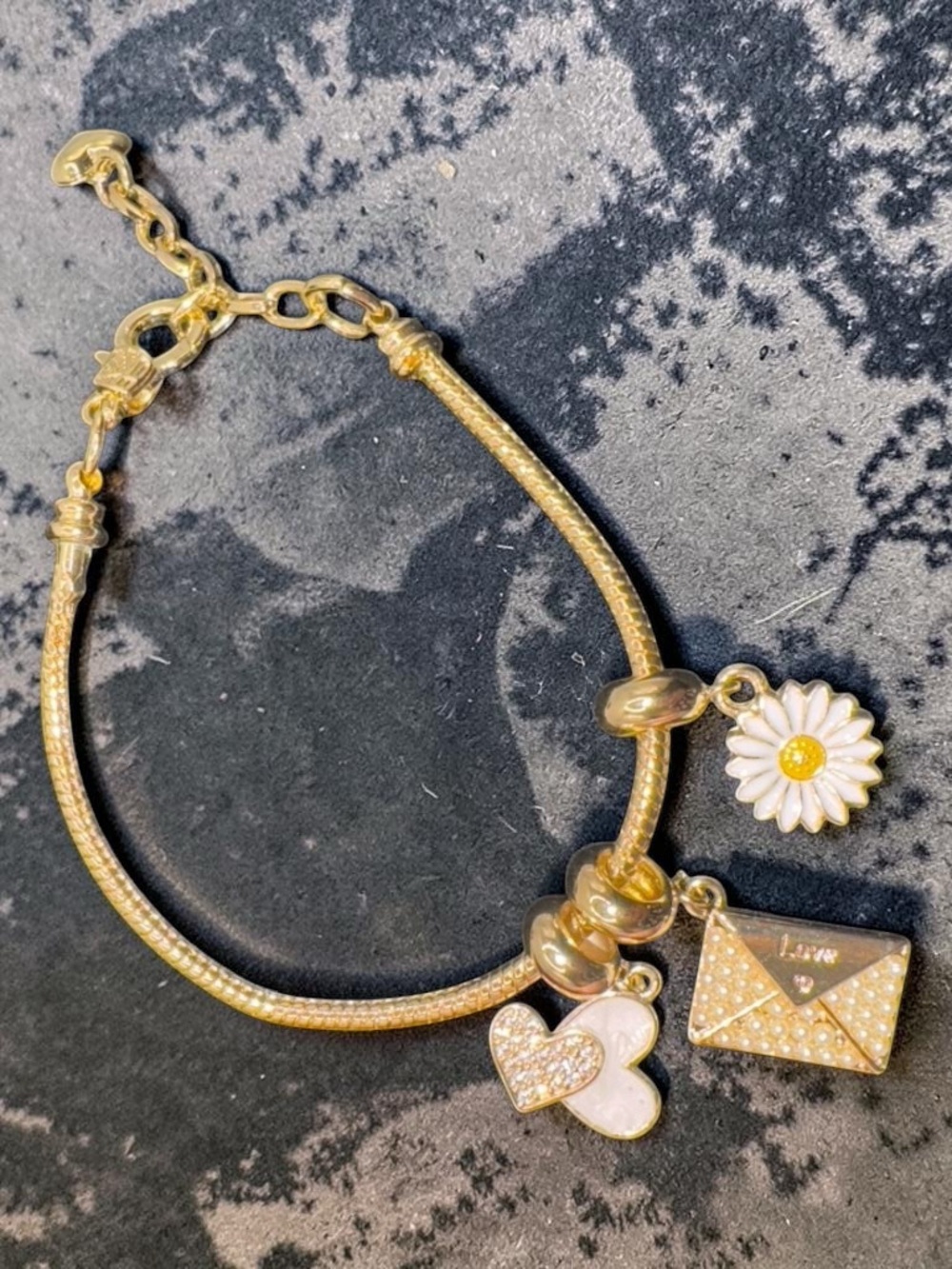 Goldfield -Tone Charm Bracelet – Hearts, Daisy & Envelo